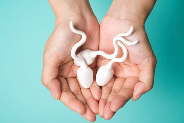 manos con animación de espermatozoides que representan la fertilidad masculina